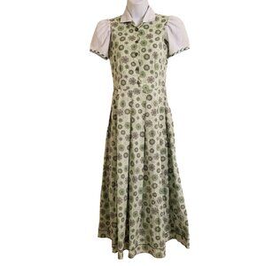 Homemade XS Green Floral Dress Pleated A‎ Line Maxi Modest Cottagecore Prairie